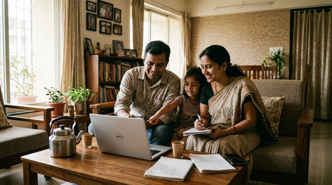 Indian Family Reviewing Balanced Mutual Fund Goals Together